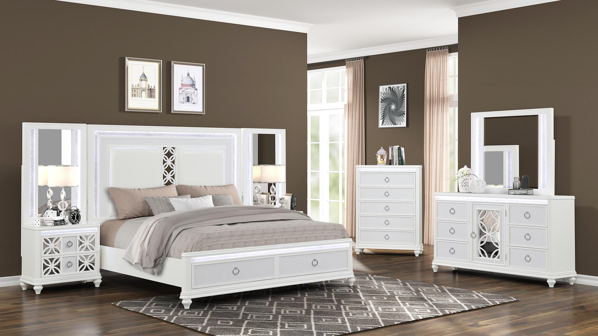 Abigale Queen 4 Pc Bedroom Set with Mirror Top Nightstand